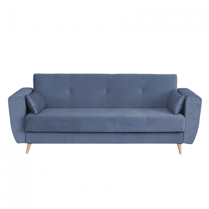 Canapea SIENA I extensibila, 3 locuri, cu arcuri si lada depozitare, albastru deschis, 225x85x95 cm