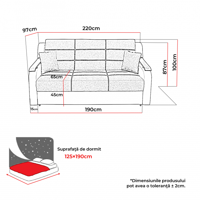 Canapea VALY LUX extensibila, 3 locuri, cu arcuri si lada depozitare, 221x97x97 cm - ExpoMob [5]