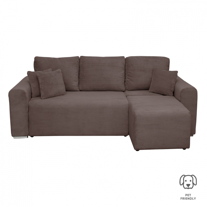 Coltar Canapea BEGA extensibil, cu arcuri si lada depozitare, colt interschimbabil, cafeniu, 240x153x80 cm