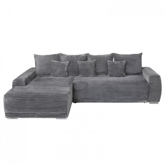 Coltar MARIBO T extensibil, cu arcuri si lada depozitare, colt stanga, gri inchis, 282x205x92 cm