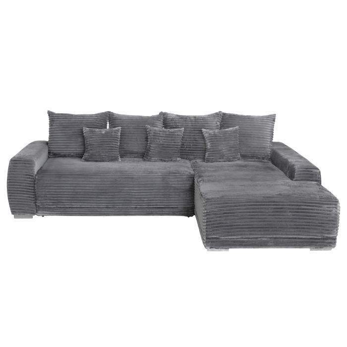 Coltar MARIBO T extensibil, cu arcuri si lada depozitare, colt dreapta, gri inchis, 282x205x92 cm