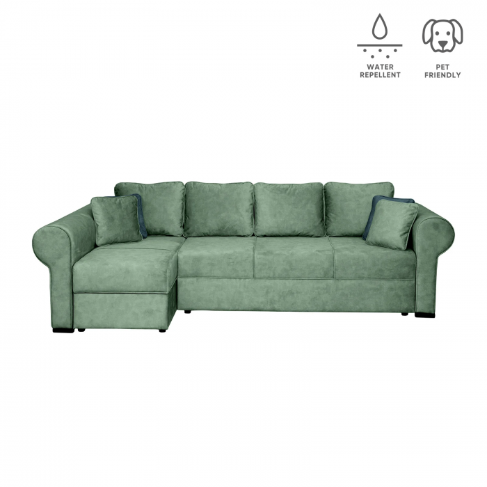 Coltar SEUL XL extensibil, cu arcuri si lada depozitare, colt stanga, verde, 290x145x95 cm