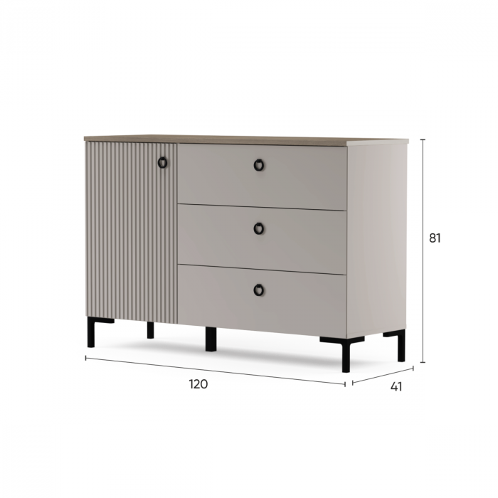 Comoda DOMINICA, 1 usa, 3 sertare, taupe + stejar silverjack, 120x41x81 cm [4]