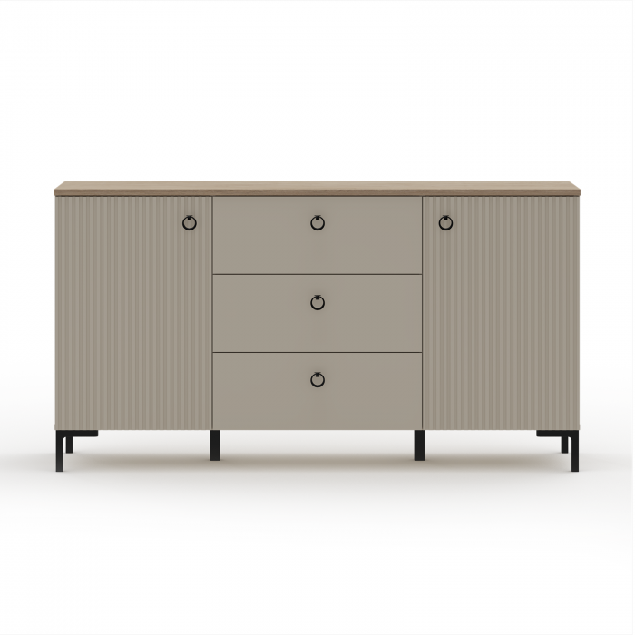 Comoda DOMINICA, 2 usi, 3 sertare, taupe + stejar silverjack, 150x41x81 cm