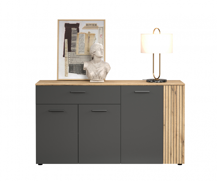 Comoda ESTEBAN, 4 usi, 1 sertar, grafit + stejar evok, 150x42x83 cm [4]