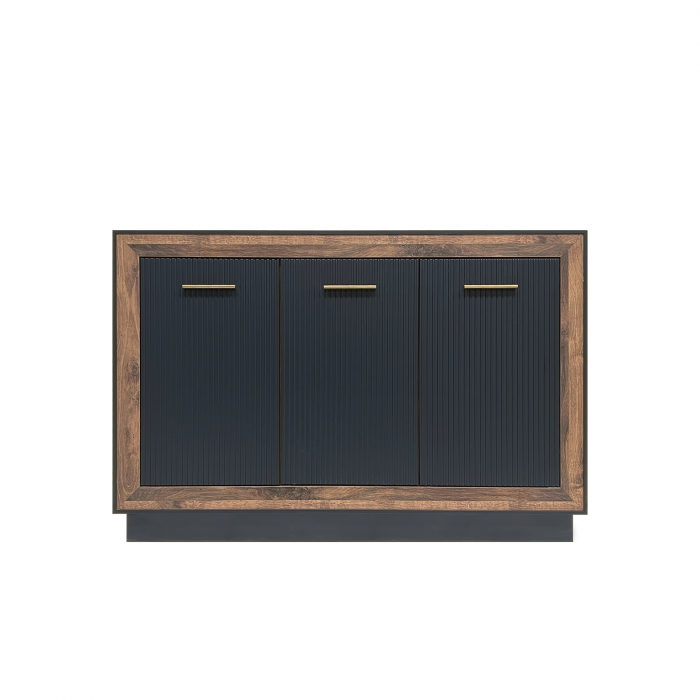 Comoda FOX12, 3 usi, corp eger, fronturi MDF eger + negru, 135x39x91 cm