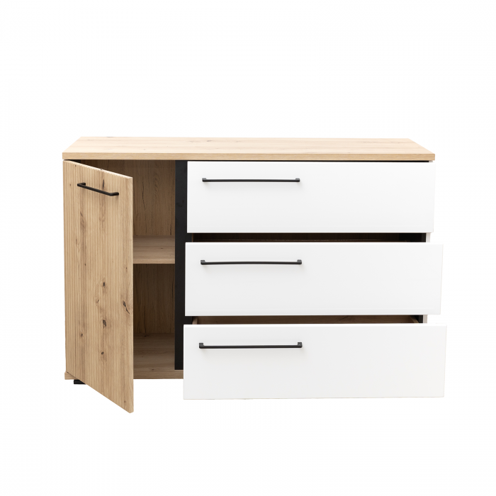 Comoda ML12, cu usa si 3 sertare, corp artisan, fronturi MDF artisan + alb, 130x37x86 cm - ExpoMob [2]