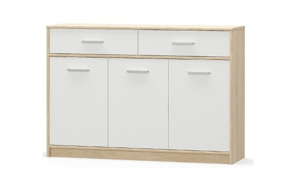 Comoda TIPS, 3 usi, 2 sertare, stejar sonoma + alb, 123,2x34,3x85,5 cm