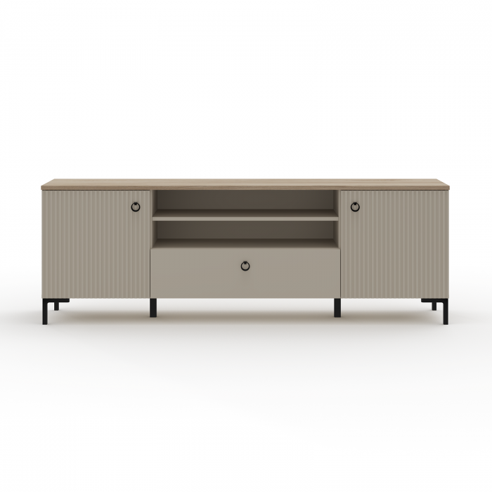 Comoda TV DOMINICA, 2 usi, 1 sertar, taupe + stejar silverjack, 184x41x63 cm