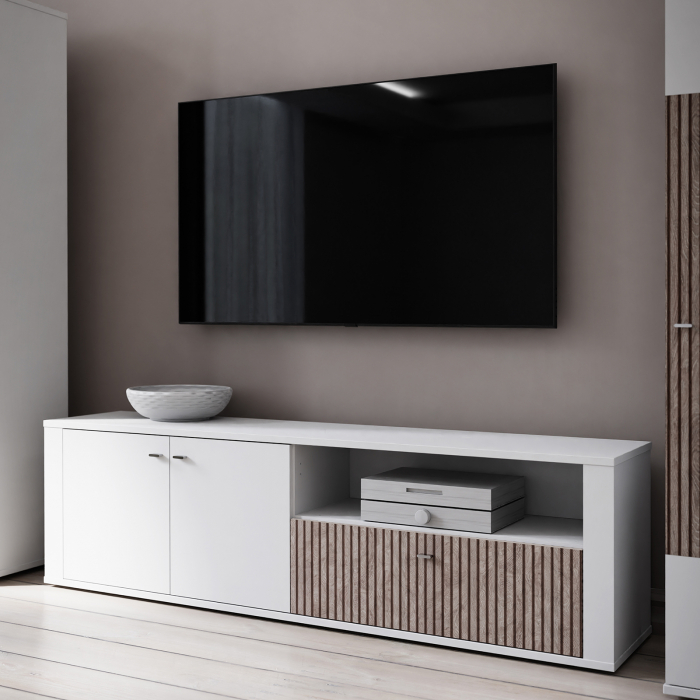 Comoda TV AMBRA, cu 2 usi si 1 sertar , alb + stejar Rovere, 196x42x58 cm - ExpoMob [5]
