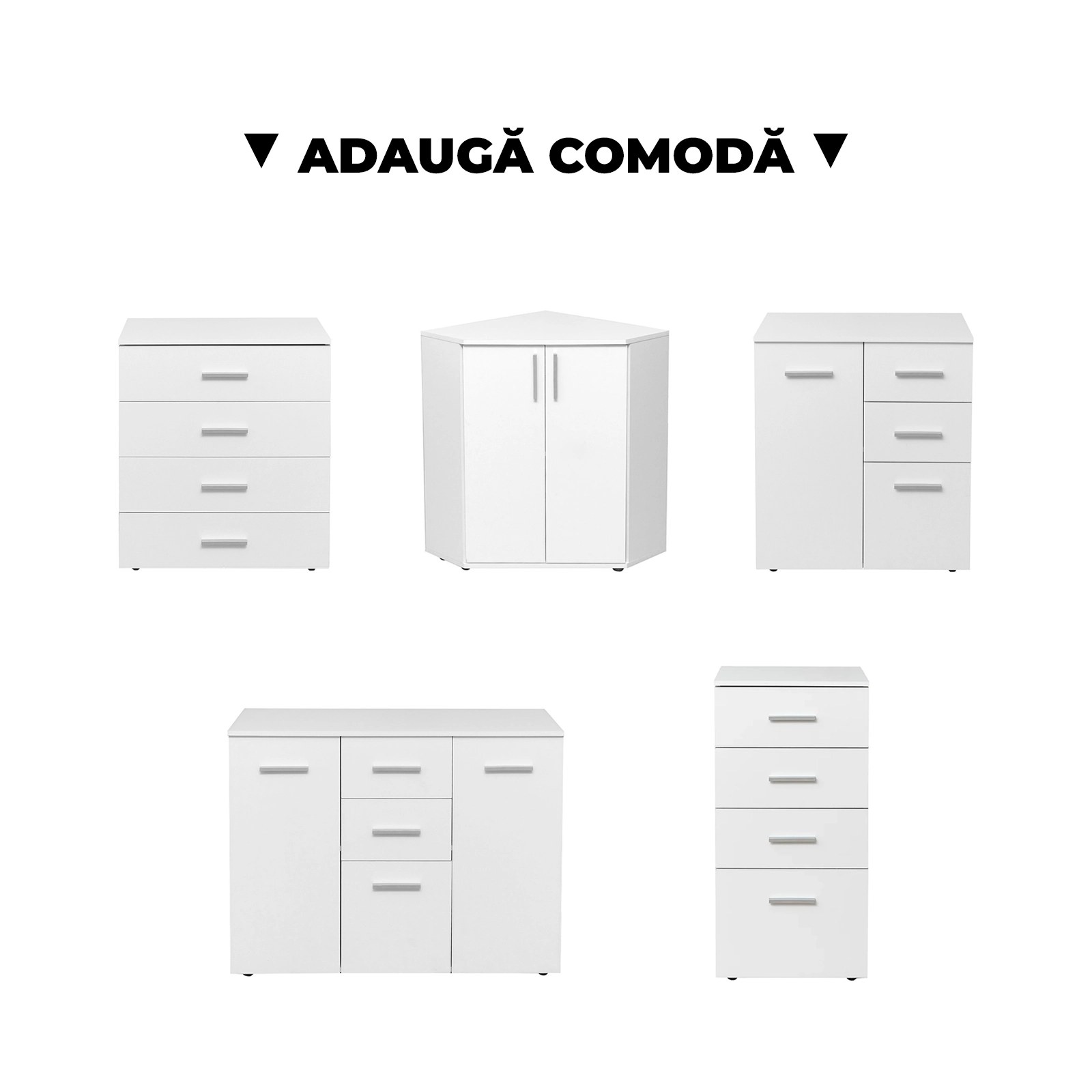 Configurator Dormitor ALMA, alb, de la Pat Colt Alma cu 2 sertare laterale pe role, adauga Saltea, Noptiere, Comoda, Dulap [4]