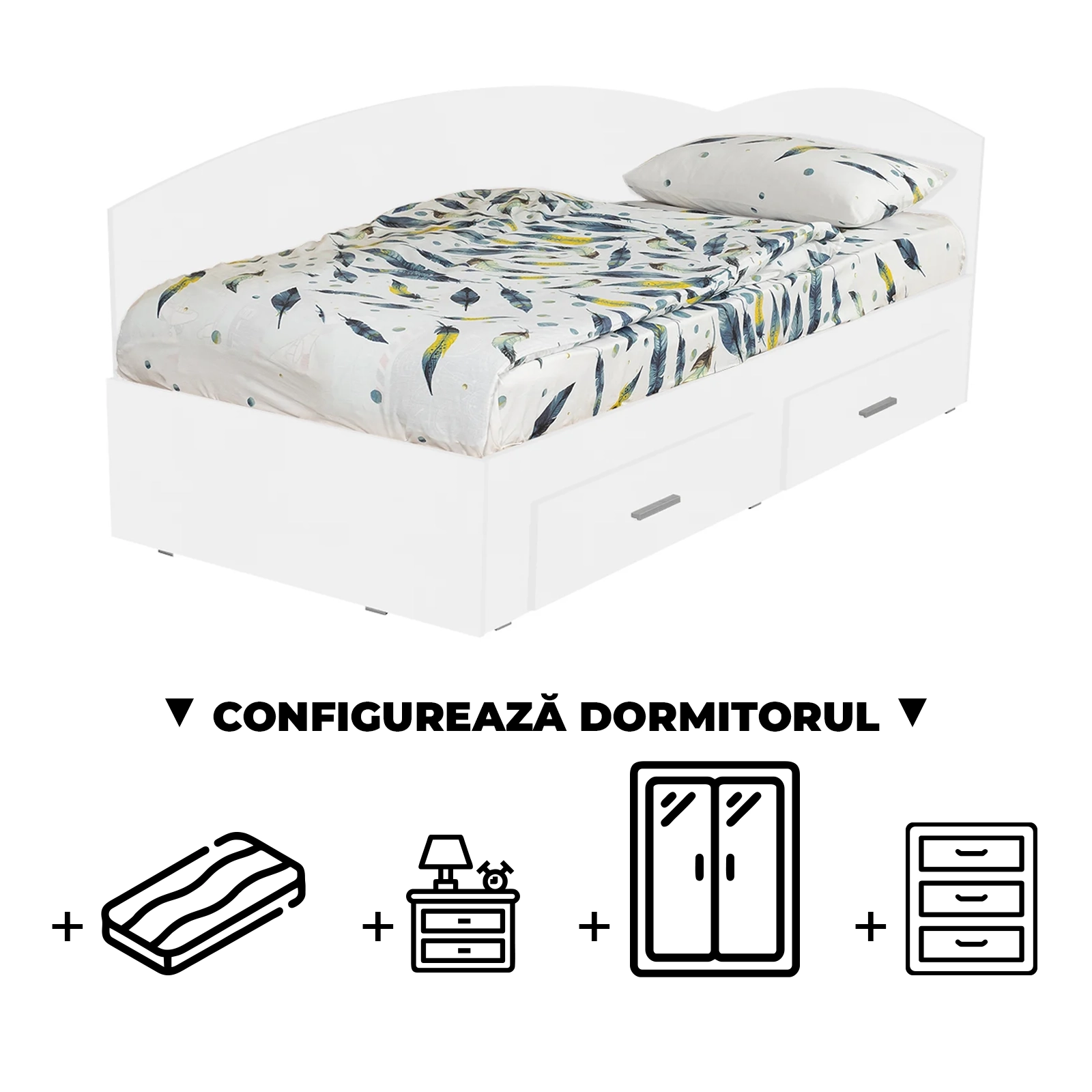 Configurator Dormitor ALMA, alb, de la Pat Colt 120x200 cm, cu 2 sertare laterale pe role, adauga Saltea, Noptiere, Comoda, Dulap