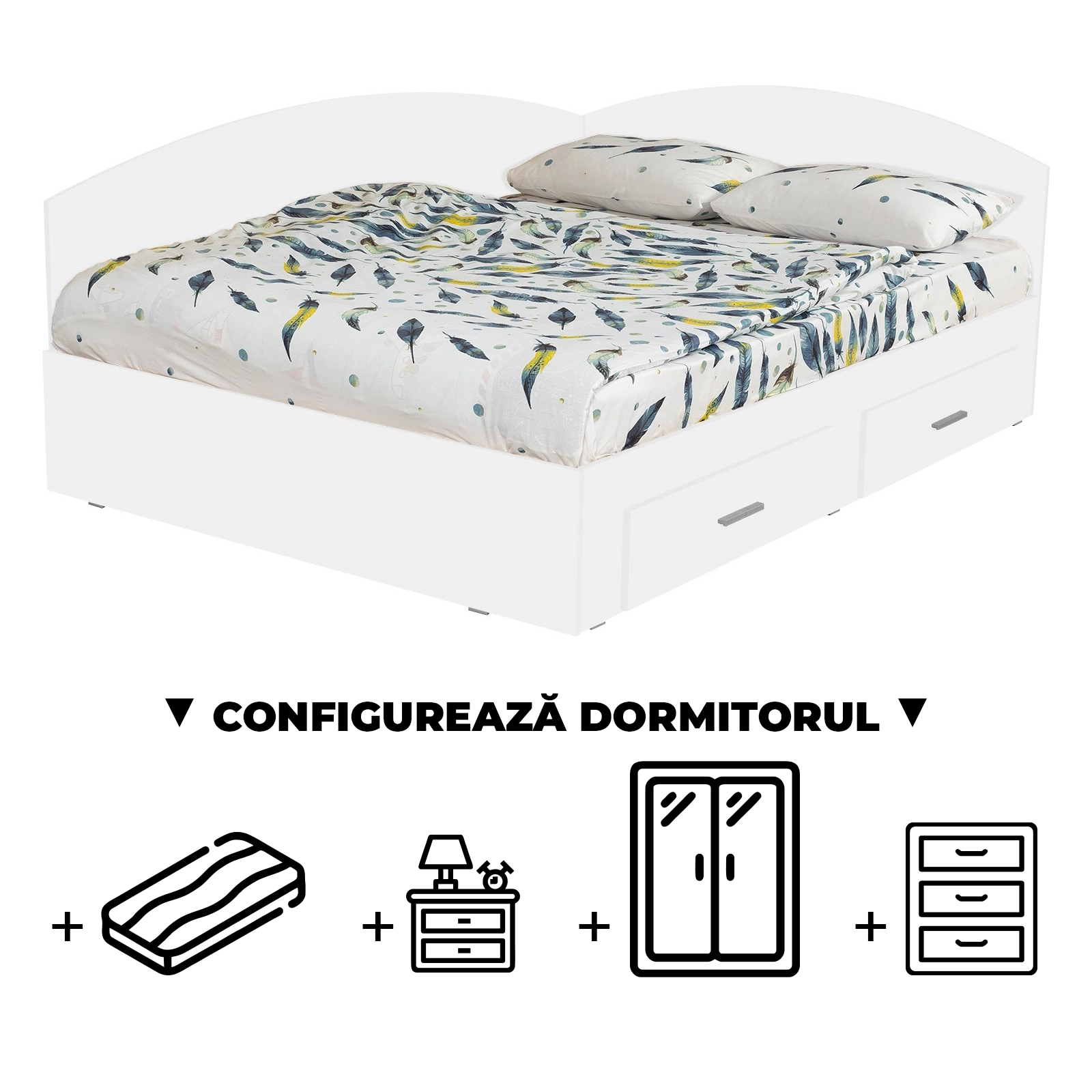 Configurator Dormitor ALMA, alb, de la Pat Colt 160x200 cm, cu 2 sertare laterale pe role, adauga Saltea, Noptiere, Comoda, Dulap