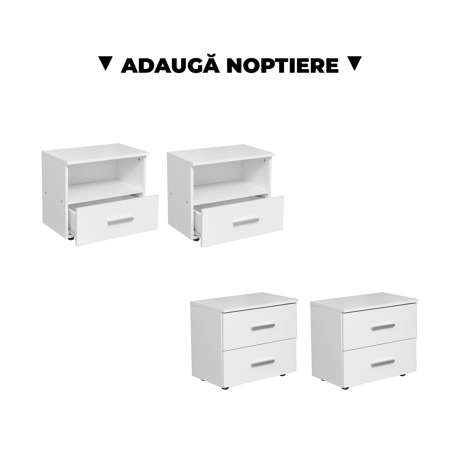 Configurator Dormitor ALMA, alb, de la Pat Colt Alma cu 2 sertare laterale pe role, adauga Saltea, Noptiere, Comoda, Dulap [3]