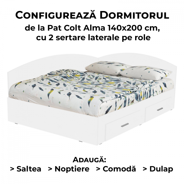 Configurator Dormitor ALMA, alb, de la Pat Colt Alma 140x200 cm, cu 2 sertare laterale pe role