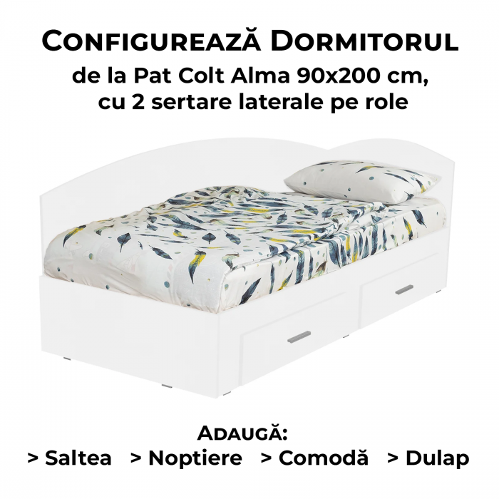 Configurator Dormitor ALMA, alb, de la Pat Colt Alma 90x200 cm, cu 2 sertare laterale pe role