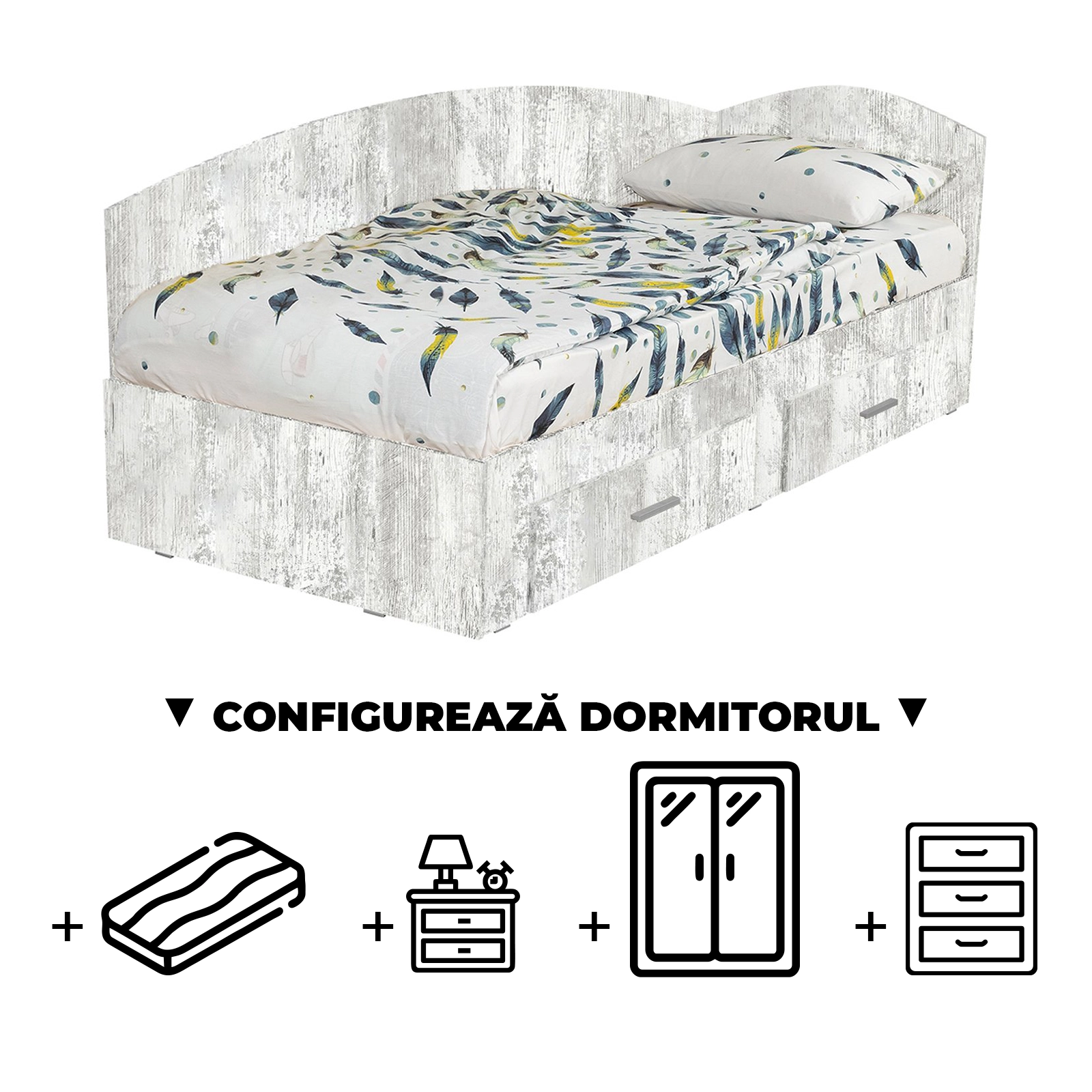 Configurator Dormitor ALMA, pin antichizat, de la Pat Colt Alma 90x200 cm, cu 2 sertare laterale pe role, adauga Saltea, Noptiere, Comoda, Dulap