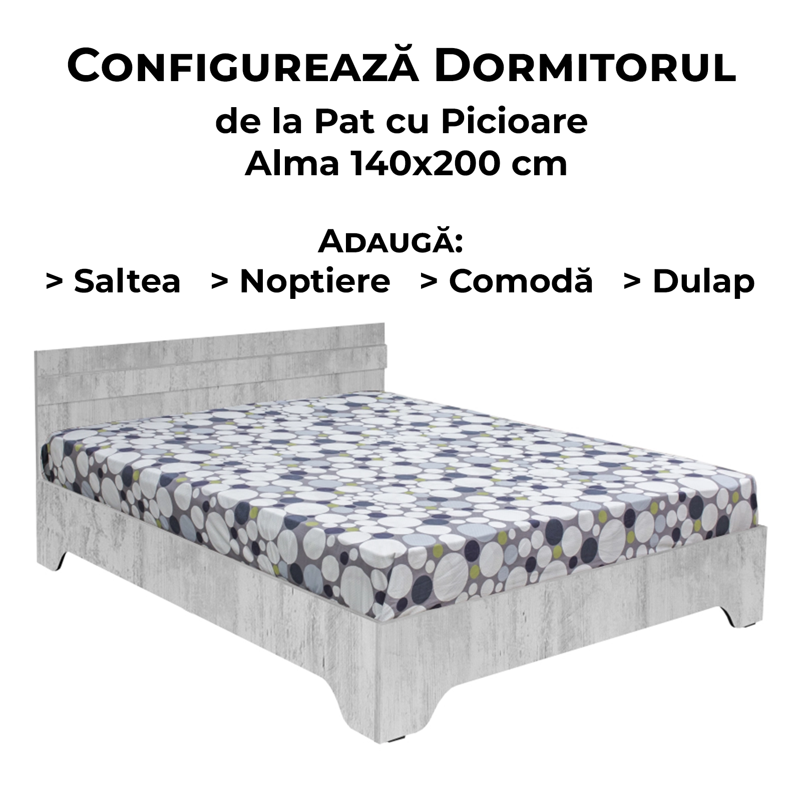 Configurator Dormitor ALMA, pin antichizat, de la Pat cu picioare Alma 140x200 cm