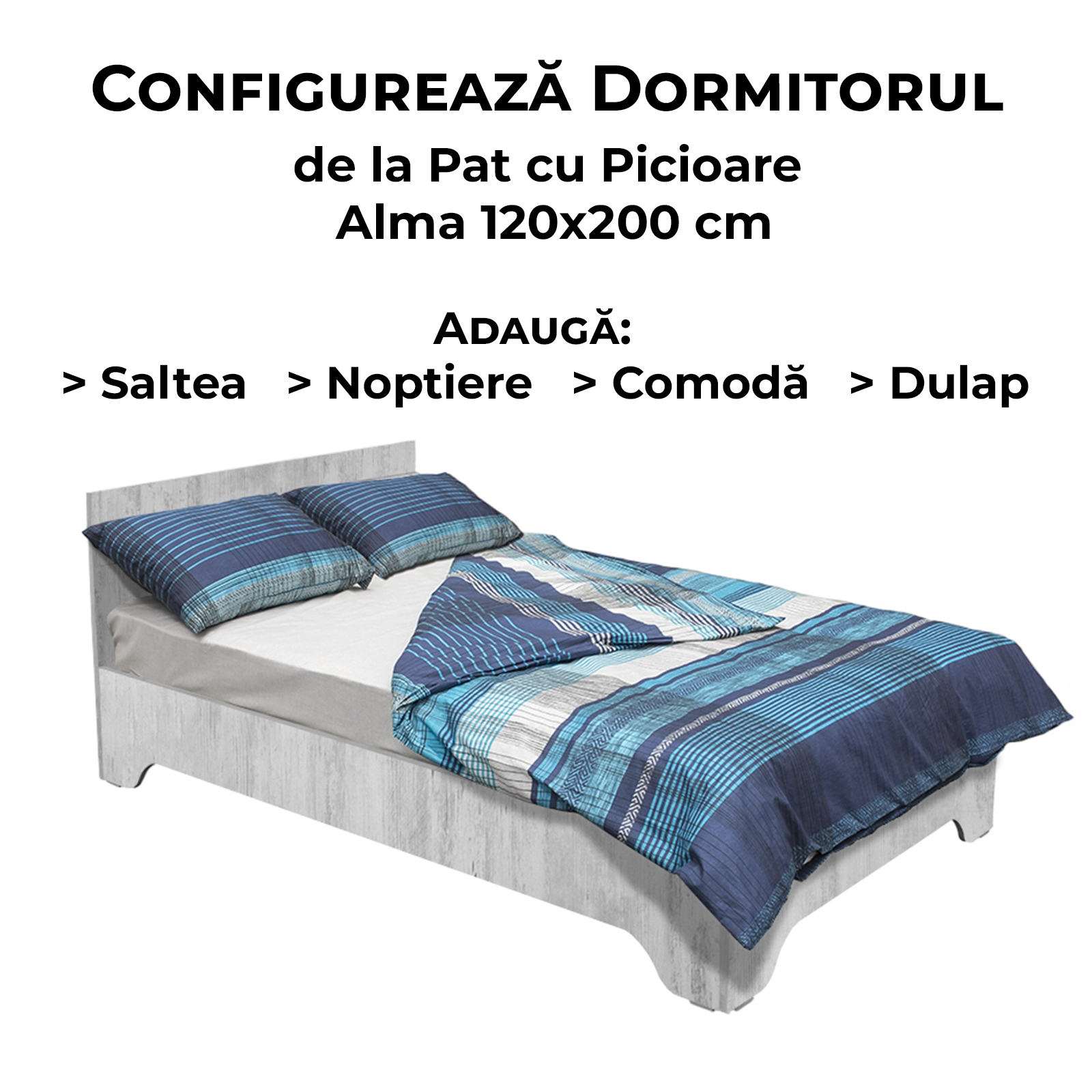 Configurator Dormitor ALMA, pin antichizat, de la Pat cu picioare Alma 120x200 cm