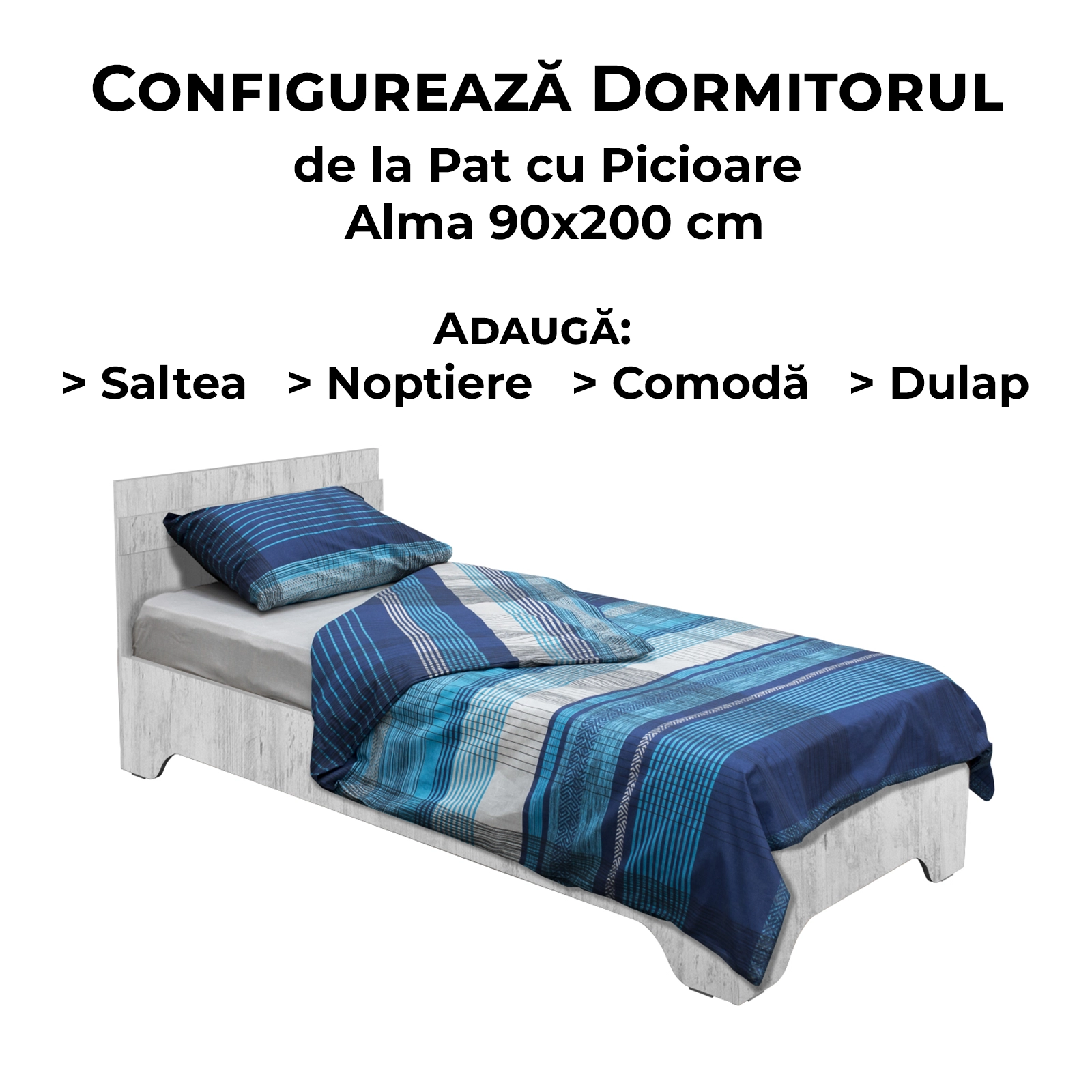 Configurator Dormitor ALMA, pin antichizat, de la Pat cu picioare Alma 90x200 cm