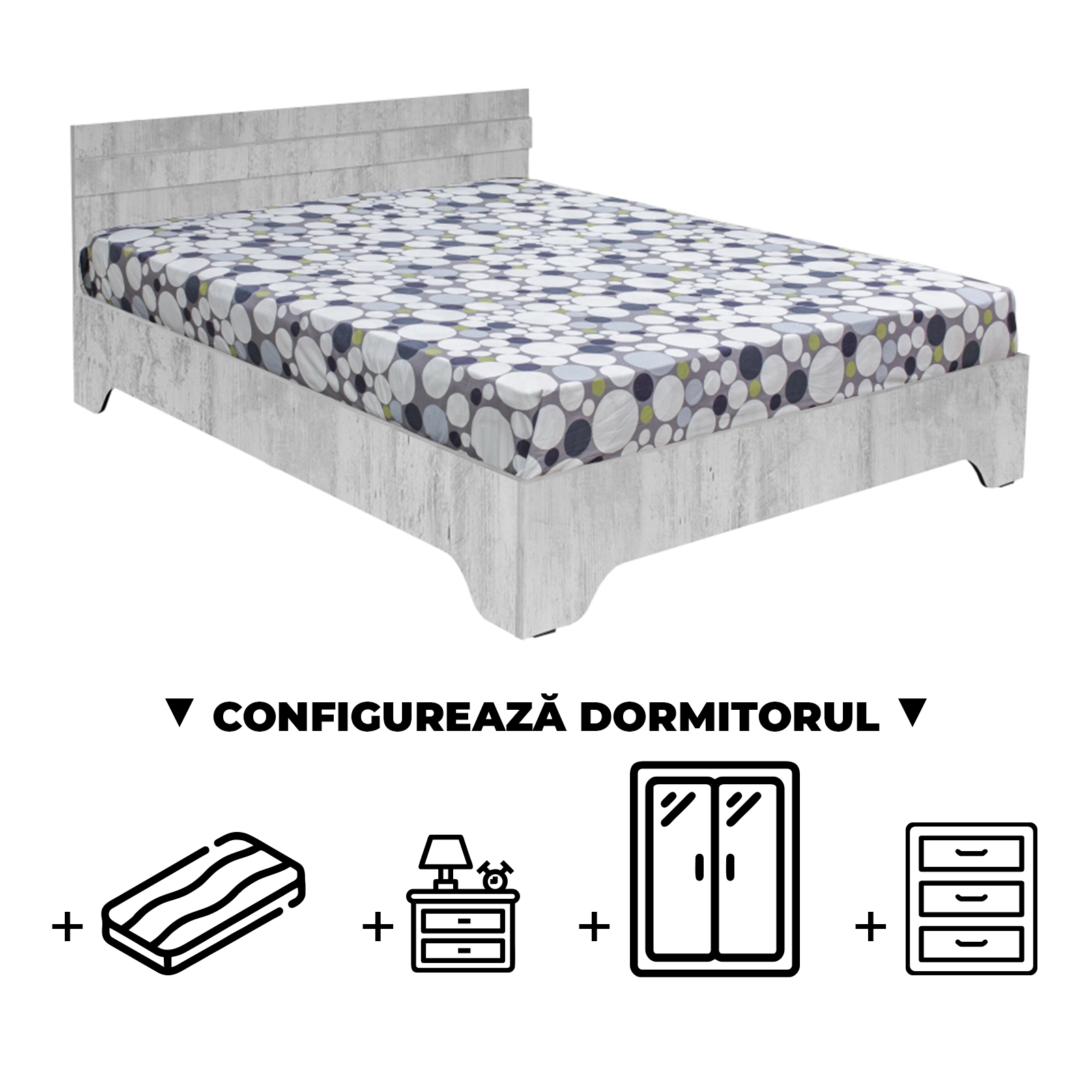 Configurator Dormitor ALMA, pin antichizat, de la Pat cu picioare Alma 140x200 cm, adauga Saltea, Noptiere, Comoda, Dulap