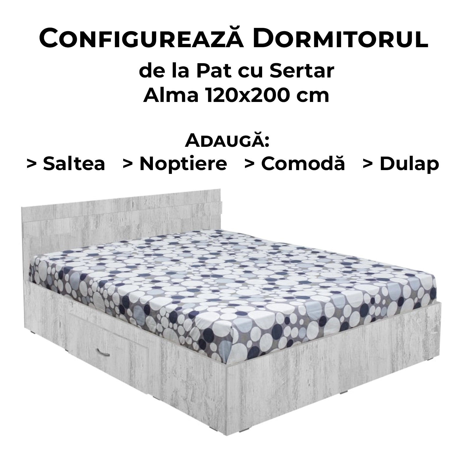 Configurator Dormitor ALMA, pin antichizat, de la Pat cu sertar Alma 120x200 cm