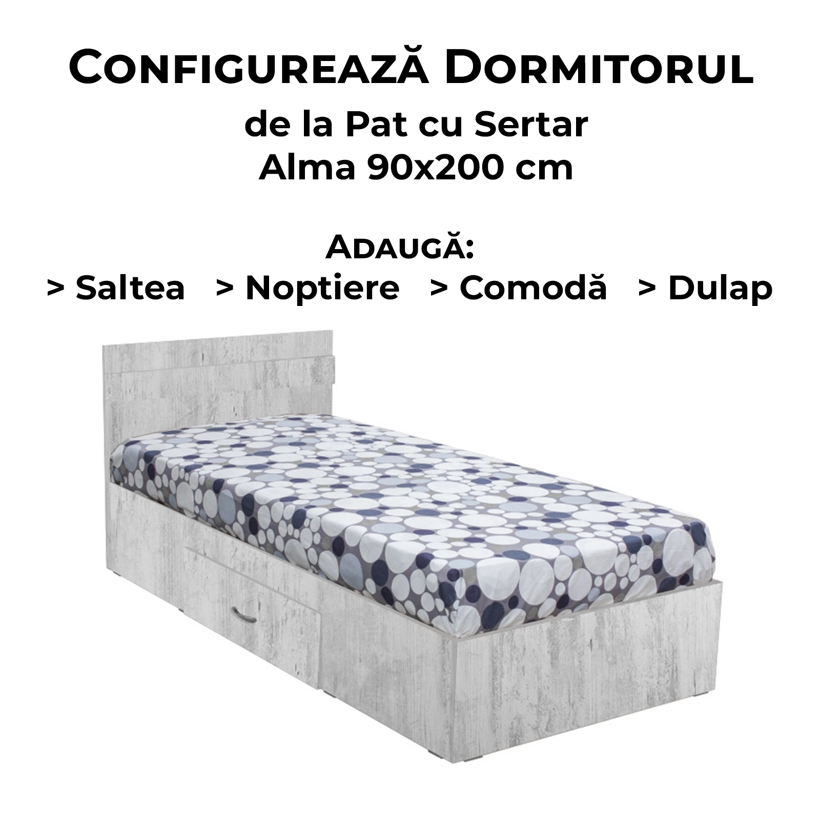 Configurator Dormitor ALMA, pin antichizat, de la Pat cu sertar Alma 90x200 cm