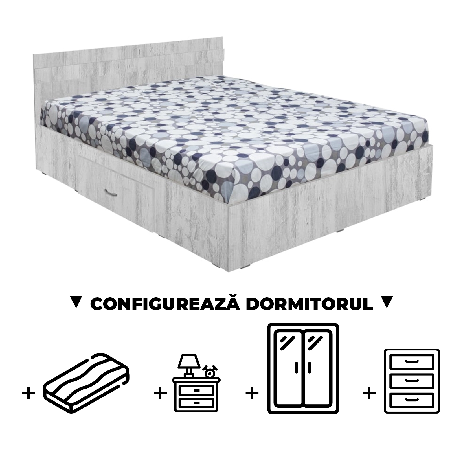 Configurator Dormitor ALMA, pin antichizat, de la Pat cu sertar Alma 160x200 cm, adauga Saltea, Noptiere, Comoda, Dulap