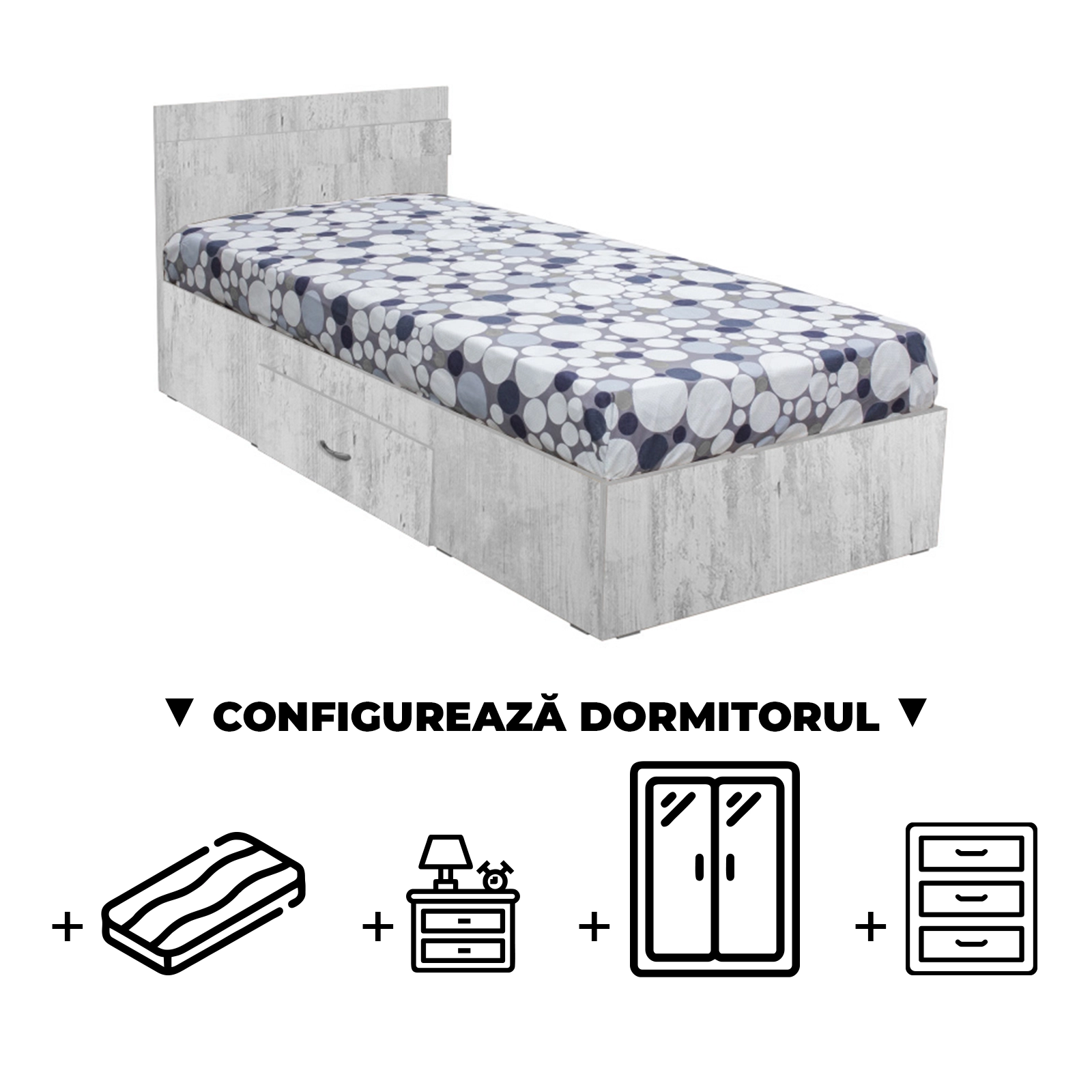 Configurator Dormitor ALMA, pin antichizat, de la Pat cu sertar Alma 90x200 cm, adauga Saltea, Noptiere, Comoda, Dulap