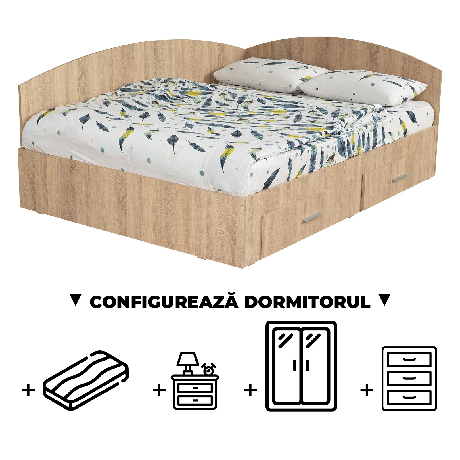 Configurator Dormitor ALMA, sonoma deschis, de la Pat Colt Alma 160x200 cm, cu 2 sertare laterale pe role, adauga Saltea, Noptiere, Comoda, Dulap