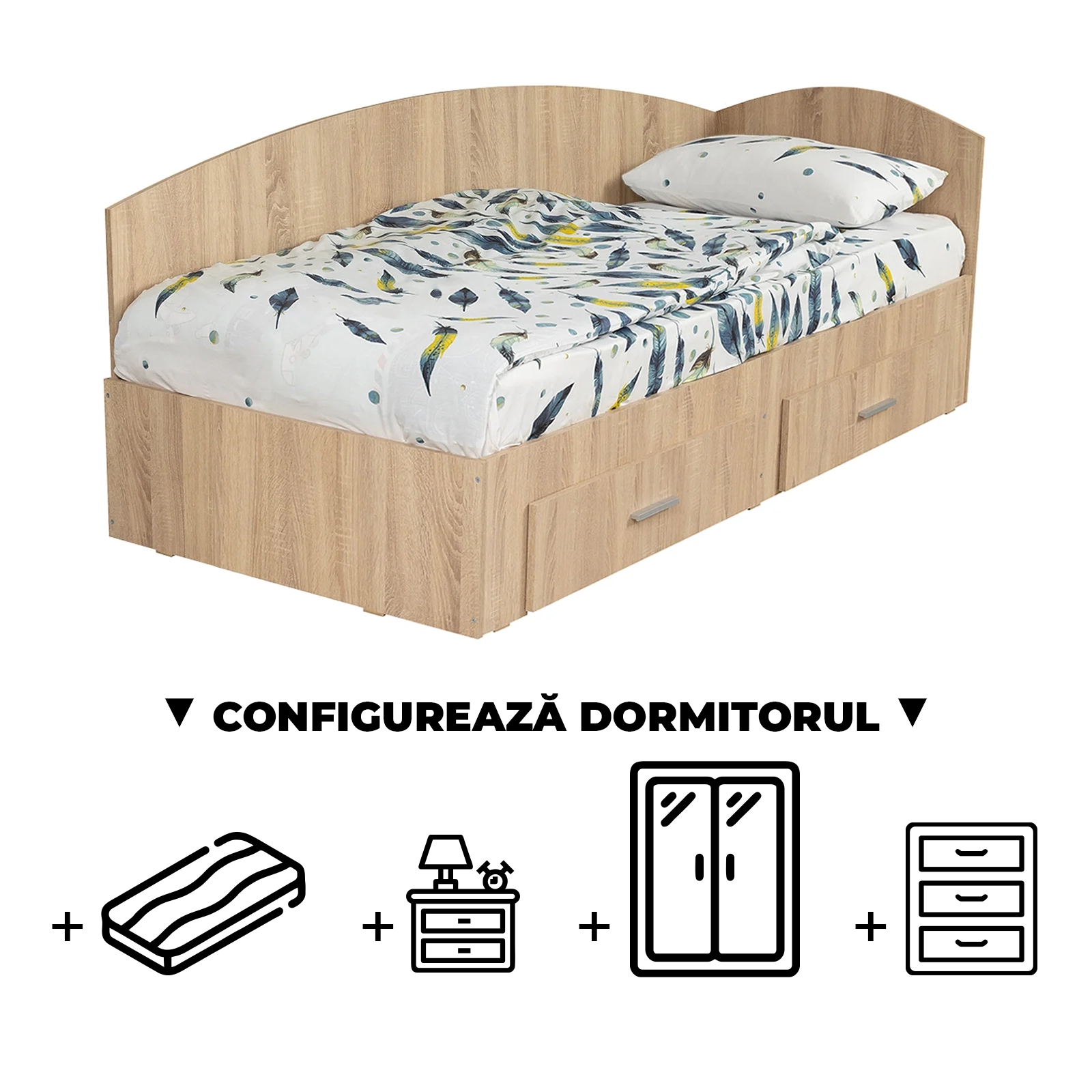 Configurator Dormitor ALMA, sonoma deschis, de la Pat Colt Alma 90x200 cm, cu 2 sertare laterale pe role, adauga Saltea, Noptiere, Comoda, Dulap