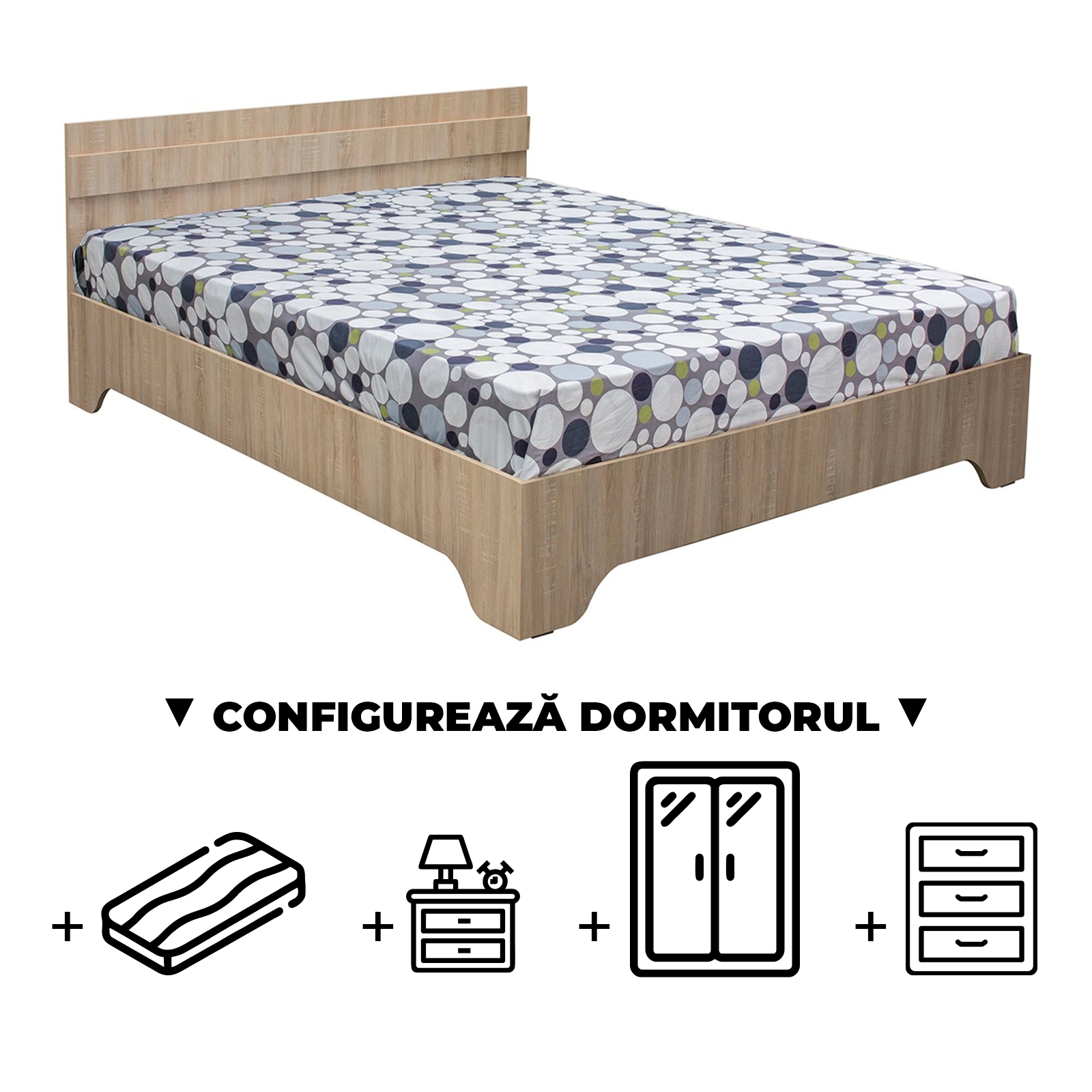 Configurator Dormitor ALMA, sonoma deschis, de la Pat cu picioare Alma 140x200 cm, adauga Saltea, Noptiere, Comoda, Dulap