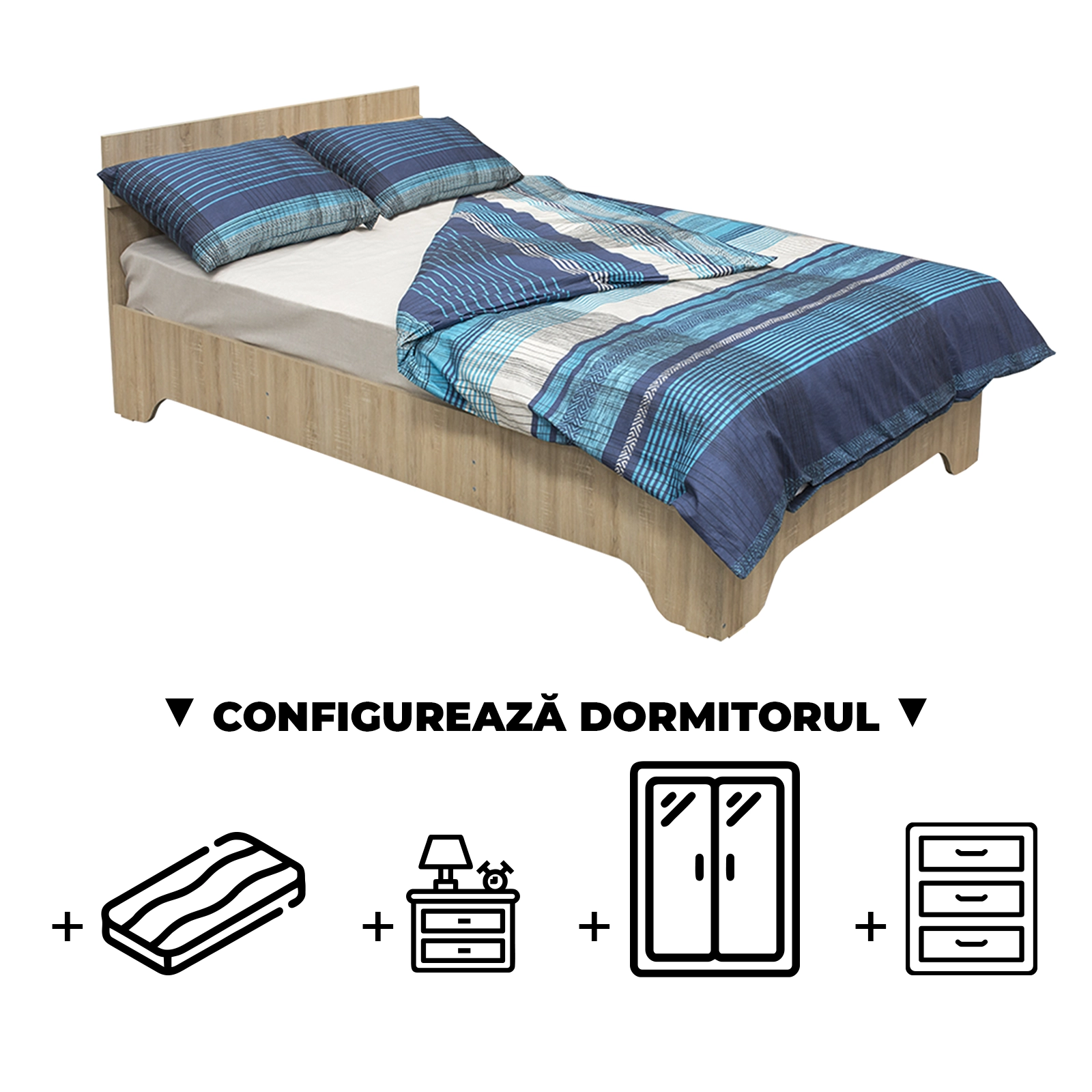 Configurator Dormitor ALMA, sonoma deschis, de la Pat cu picioare Alma 120x200 cm, adauga Saltea, Noptiere, Comoda, Dulap