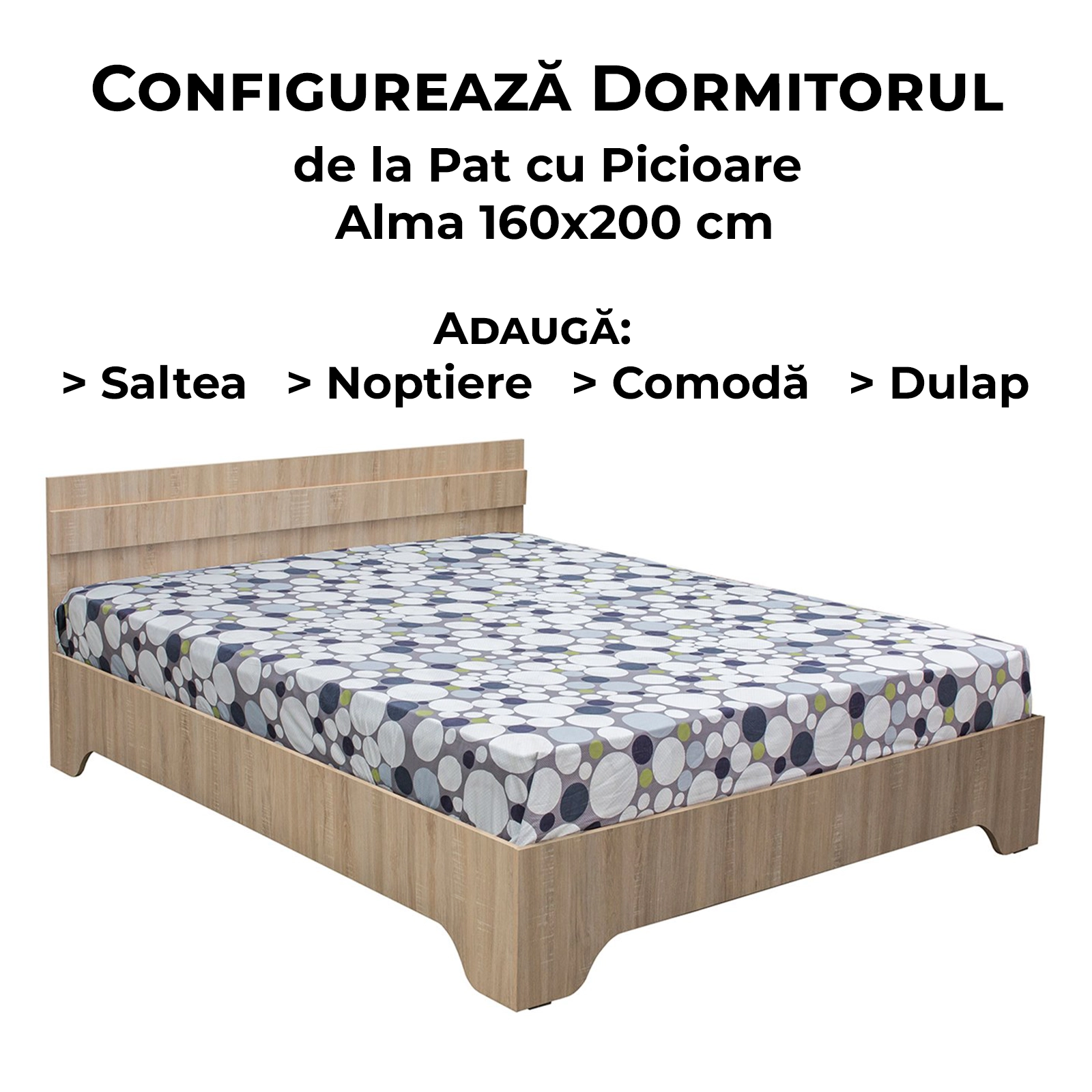 Configurator Dormitor ALMA, sonoma deschis, de la Pat cu picioare Alma 160x200 cm