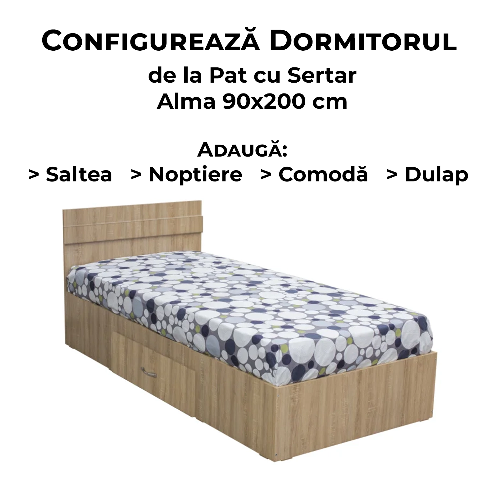 Configurator Dormitor ALMA, sonoma deschis, de la Pat cu sertar Alma 90x200 cm