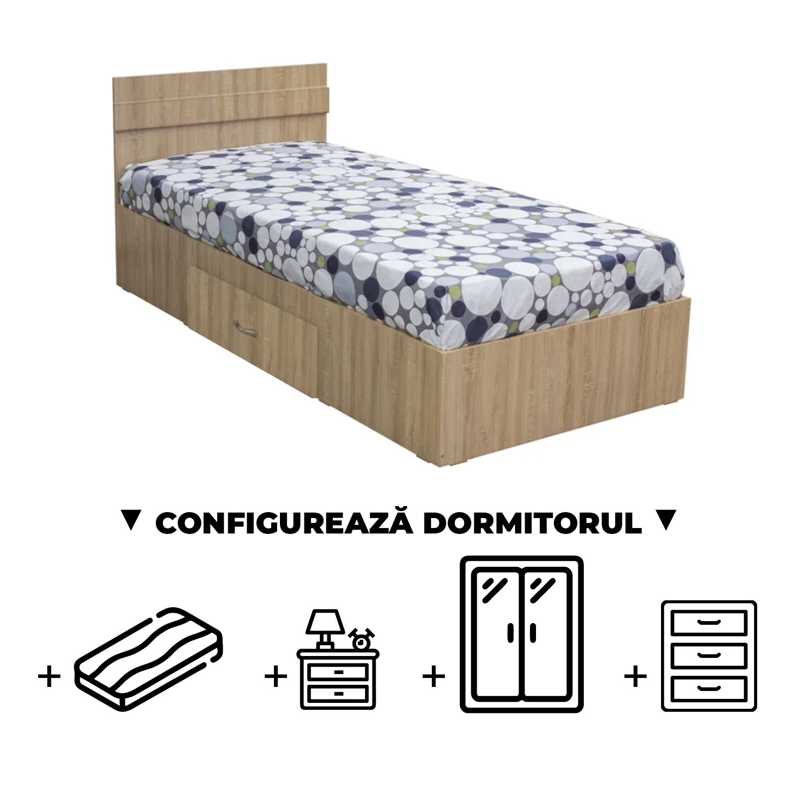 Configurator Dormitor ALMA, sonoma deschis, de la Pat cu sertar Alma 120x200 cm, adauga Saltea, Noptiere, Comoda, Dulap