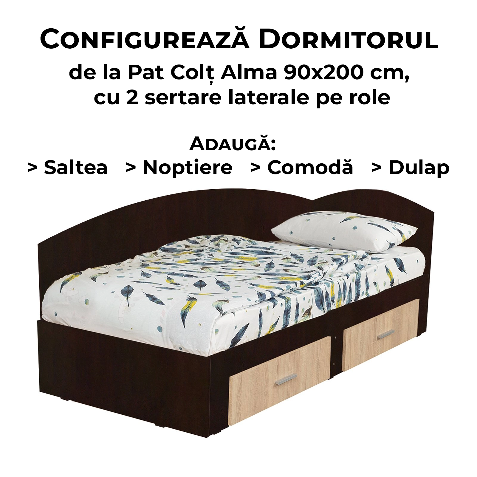 Configurator Dormitor ALMA, sonoma inchis + sonoma deschis, de la Pat Colt Alma 90x200 cm, cu 2 sertare laterale pe role