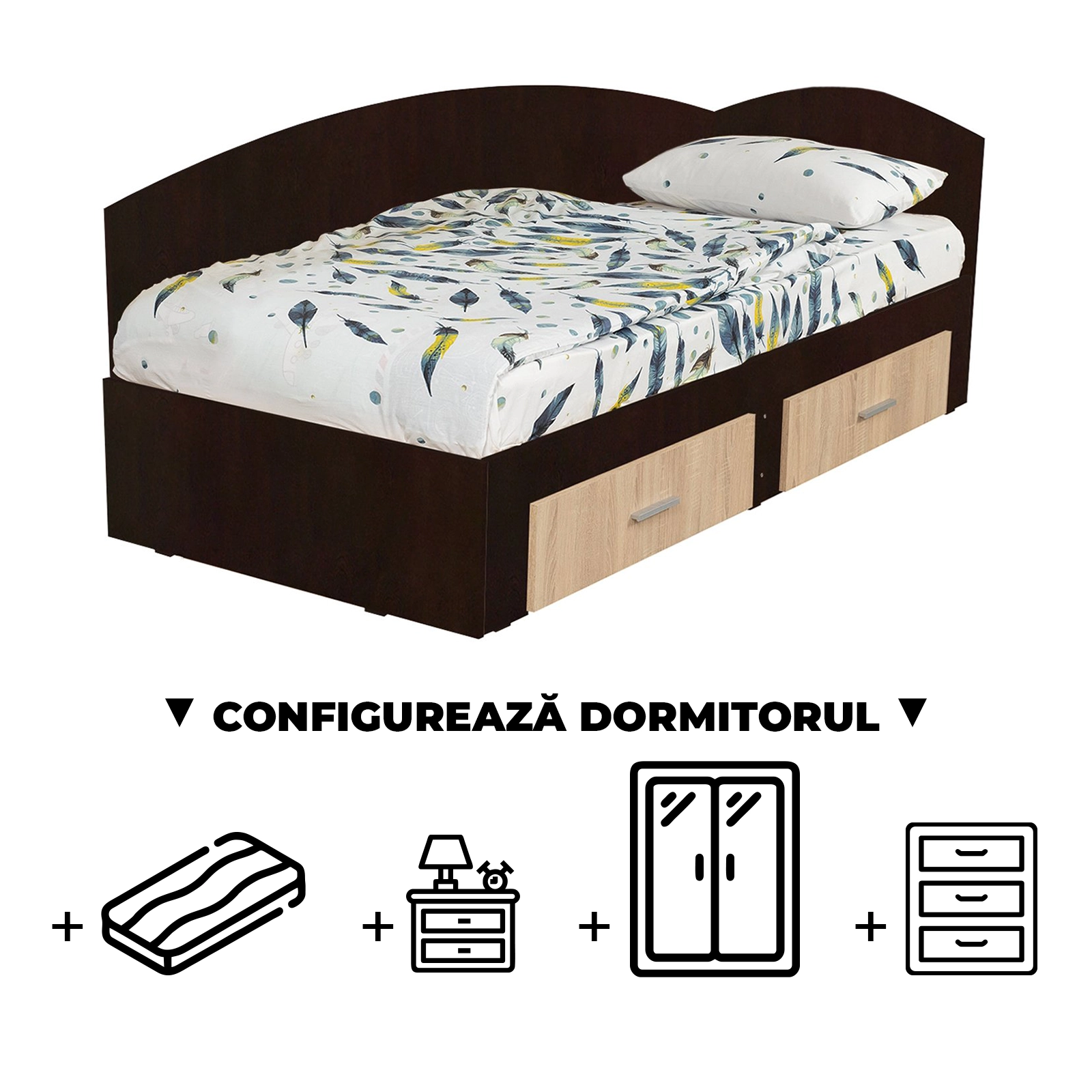 Configurator Dormitor ALMA, sonoma inchis + sonoma deschis, de la Pat Colt Alma 120x200 cm, cu 2 sertare laterale pe role, adauga Saltea, Noptiere, Comoda, Dulap