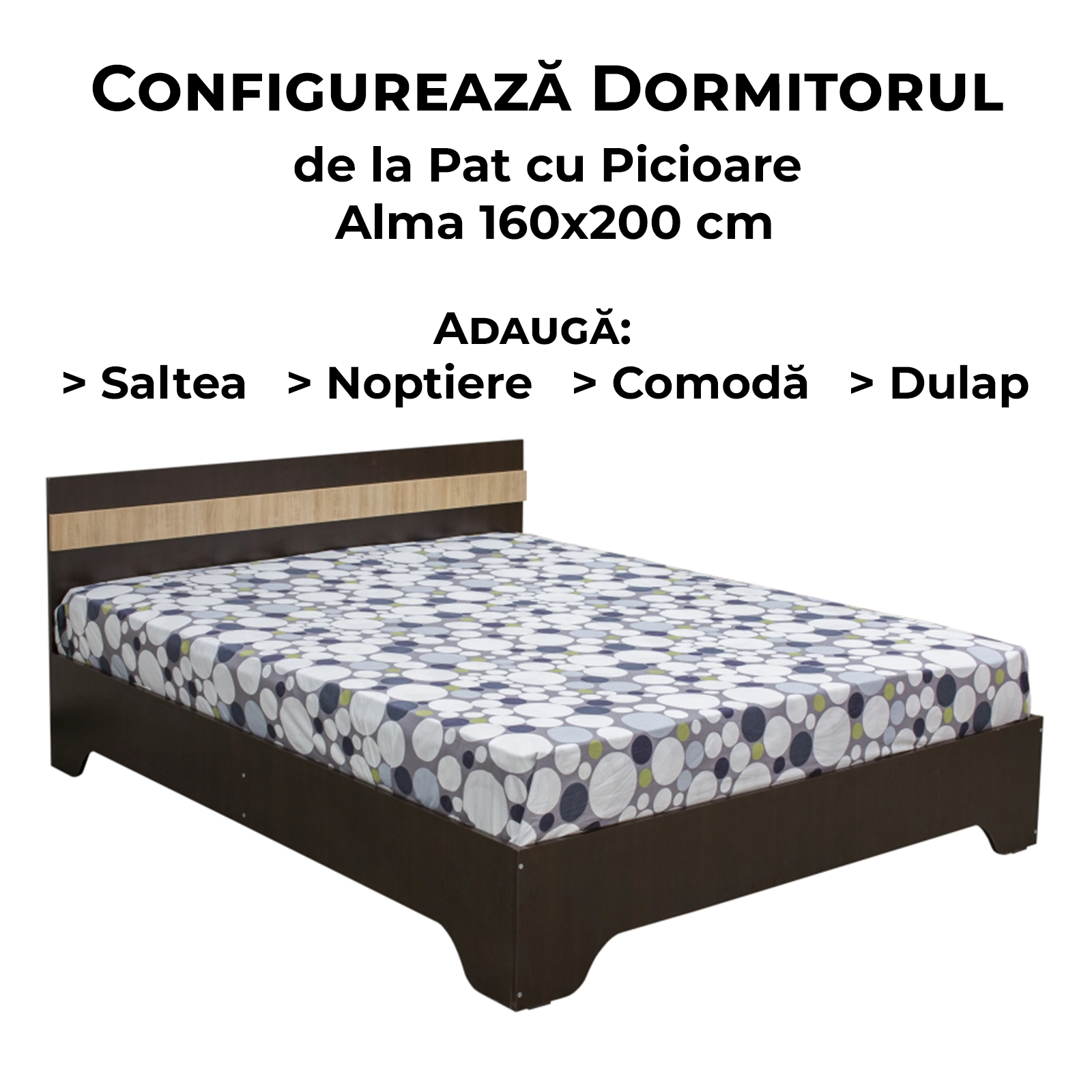 Configurator Dormitor ALMA, sonoma inchis + sonoma deschis, de la Pat cu picioare Alma 160x200 cm