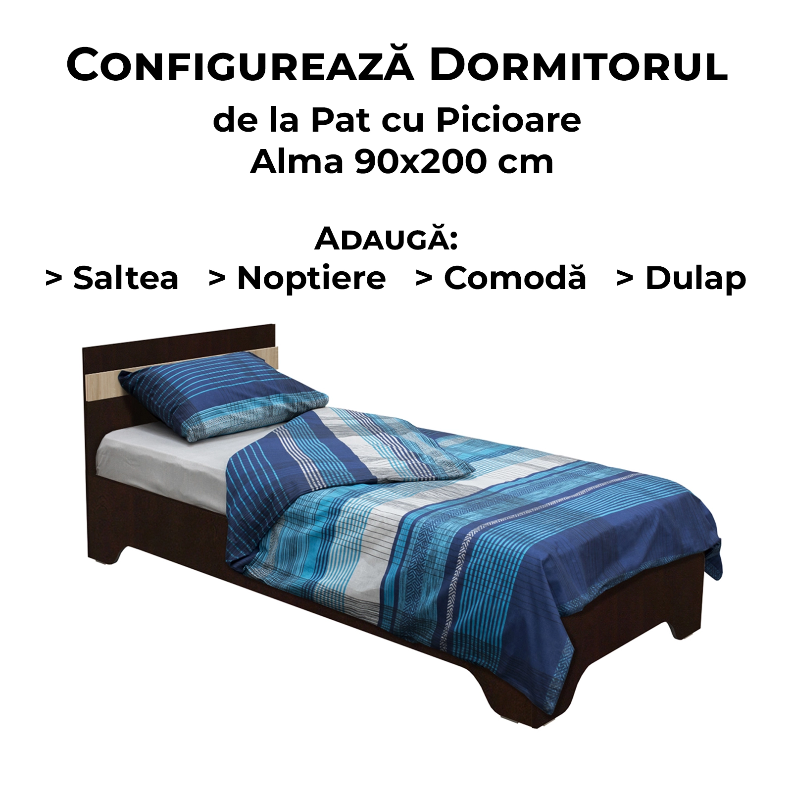 Configurator Dormitor ALMA, sonoma inchis + sonoma deschis, de la Pat cu picioare Alma 90x200 cm