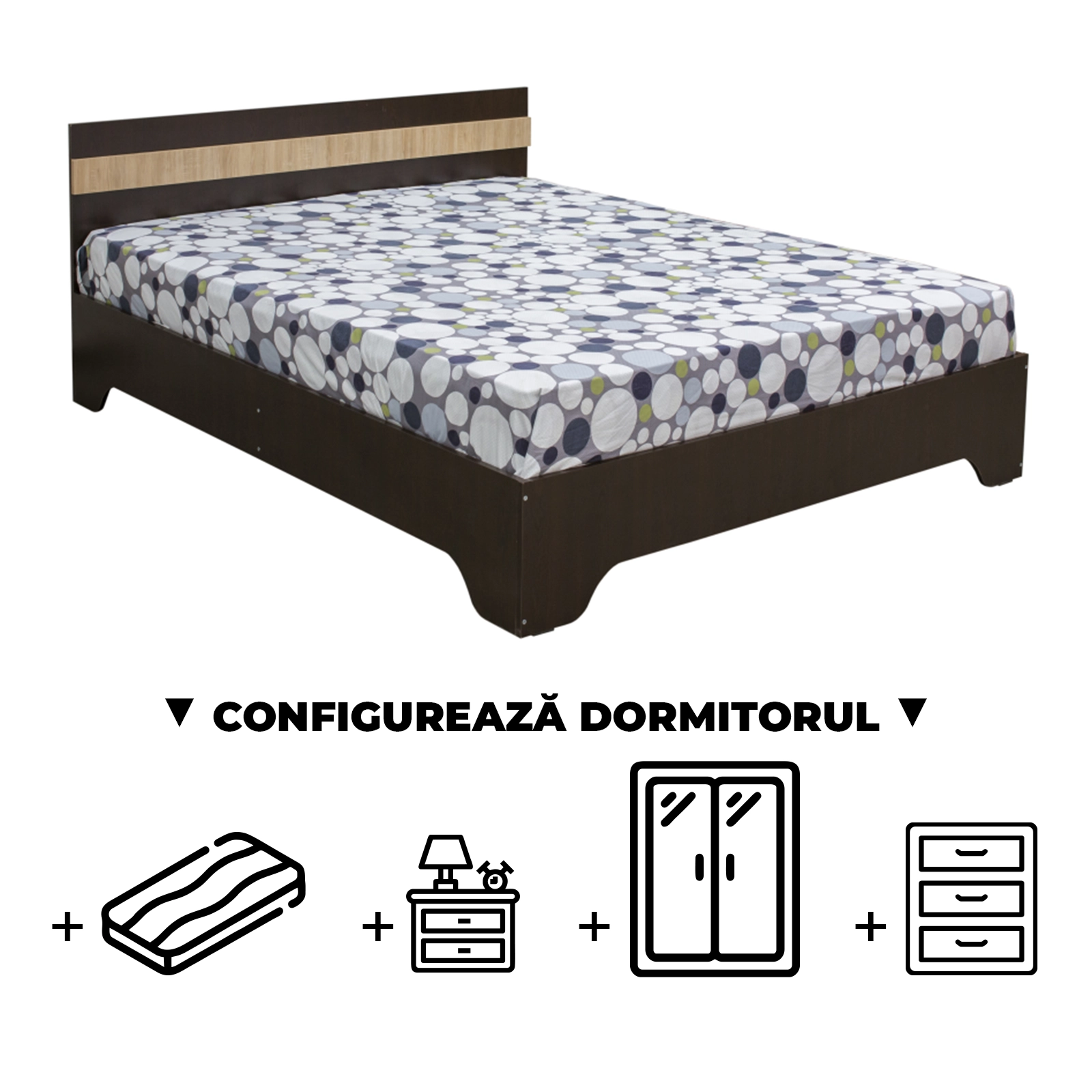 Configurator Dormitor ALMA, sonoma inchis + sonoma deschis, de la Pat cu picioare Alma 140x200 cm, adauga Saltea, Noptiere, Comoda, Dulap