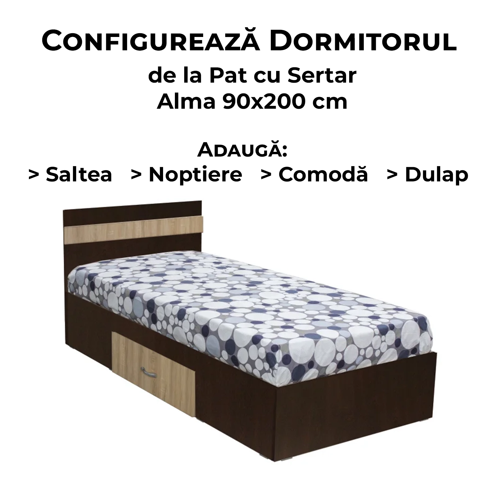 Configurator Dormitor ALMA, sonoma inchis + sonoma deschis, de la Pat cu sertar Alma 90x200 cm