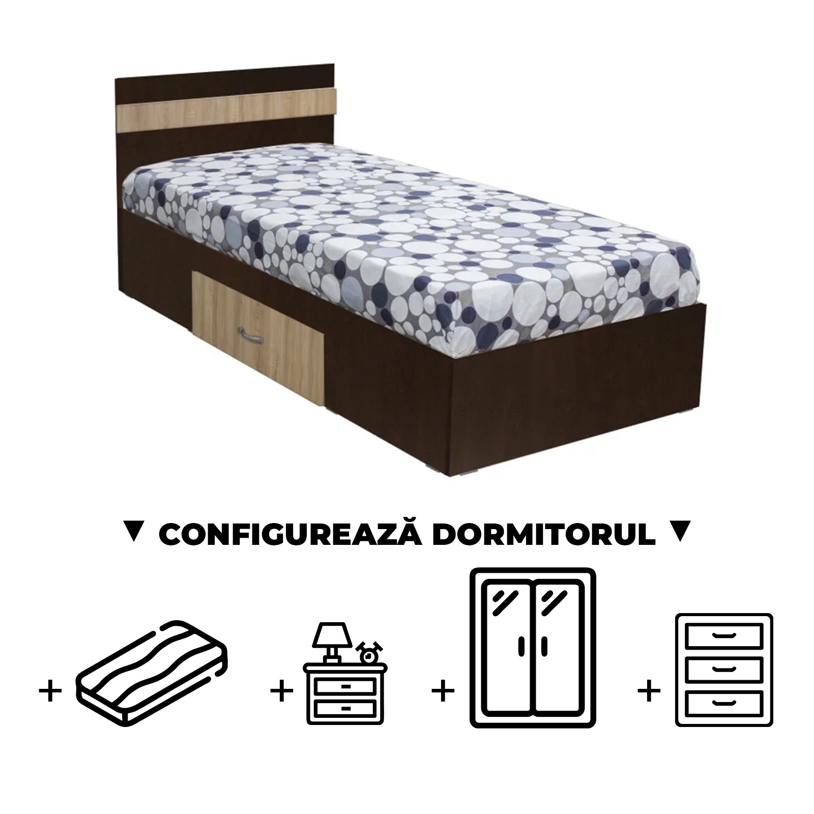 Configurator Dormitor ALMA, sonoma inchis + sonoma deschis, de la Pat cu sertar Alma 120x200 cm, adauga Saltea, Noptiere, Comoda, Dulap