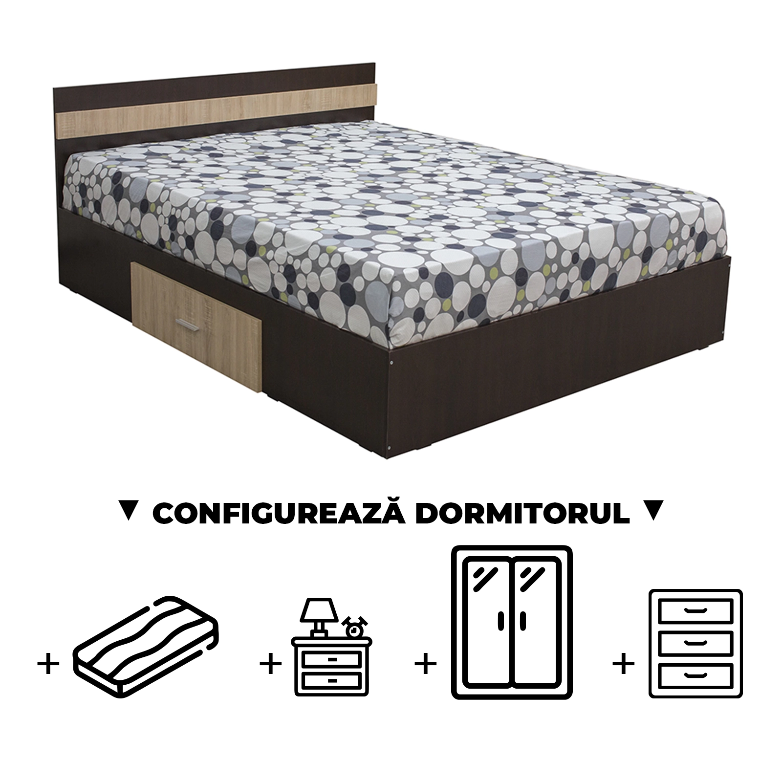 Configurator Dormitor ALMA, sonoma inchis + sonoma deschis, de la Pat cu sertar Alma 160x200 cm