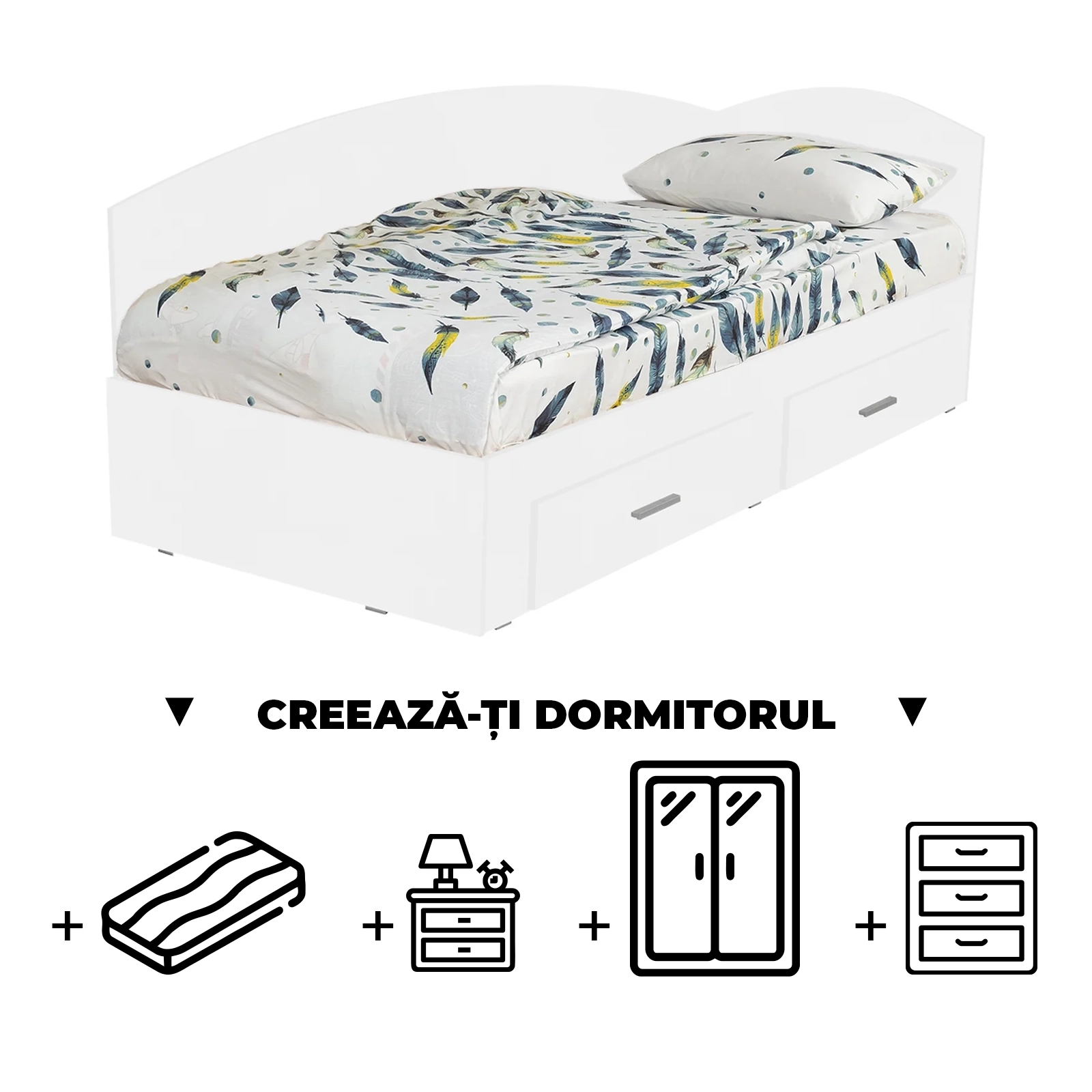 Creeaza-ti Dormitorul ALMA, alb, de la Pat Colt 90x200 cm, cu 2 sertare laterale pe role, adauga Saltea, Noptiere, Comoda, Dulap