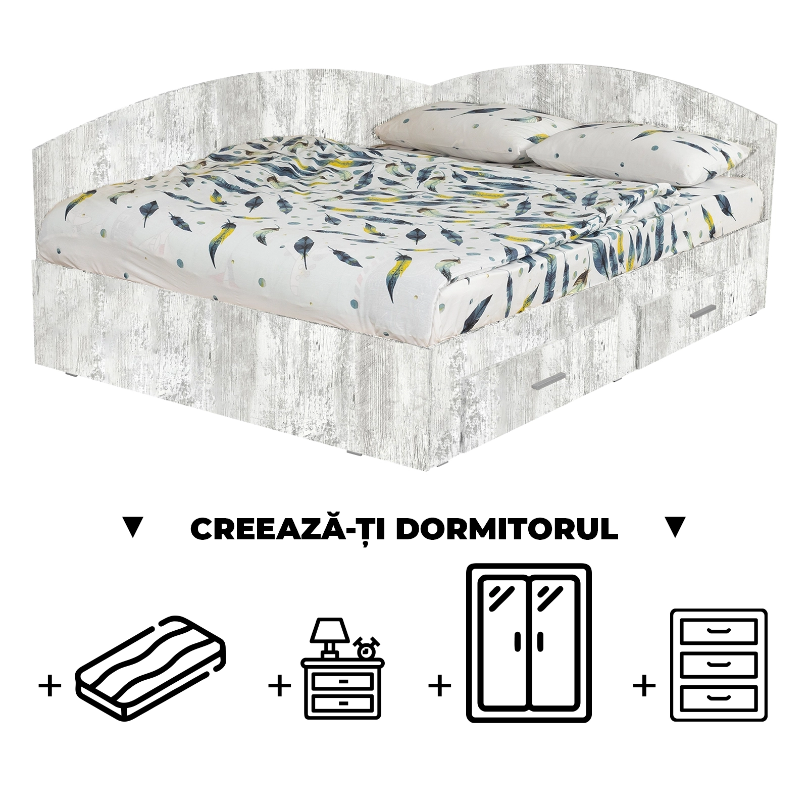 Creeaza-ti Dormitorul ALMA, pin antichizat, de la Pat Colt Alma 160x200 cm, cu 2 sertare laterale pe role, adauga Saltea, Noptiere, Comoda, Dulap
