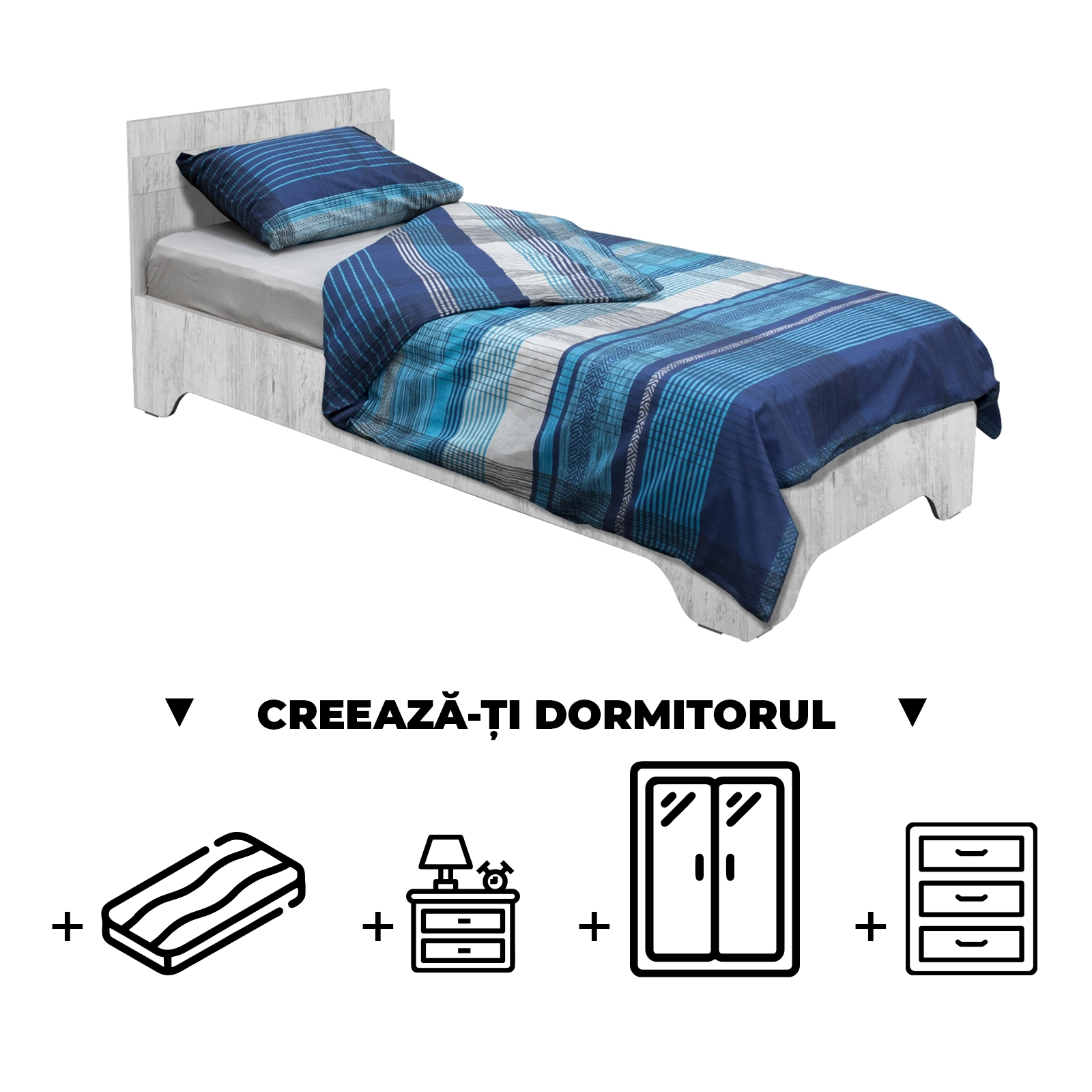Creeaza-ti Dormitorul ALMA, pin antichizat, de la Pat cu picioare Alma 90x200 cm, adauga Saltea, Noptiere, Comoda, Dulap