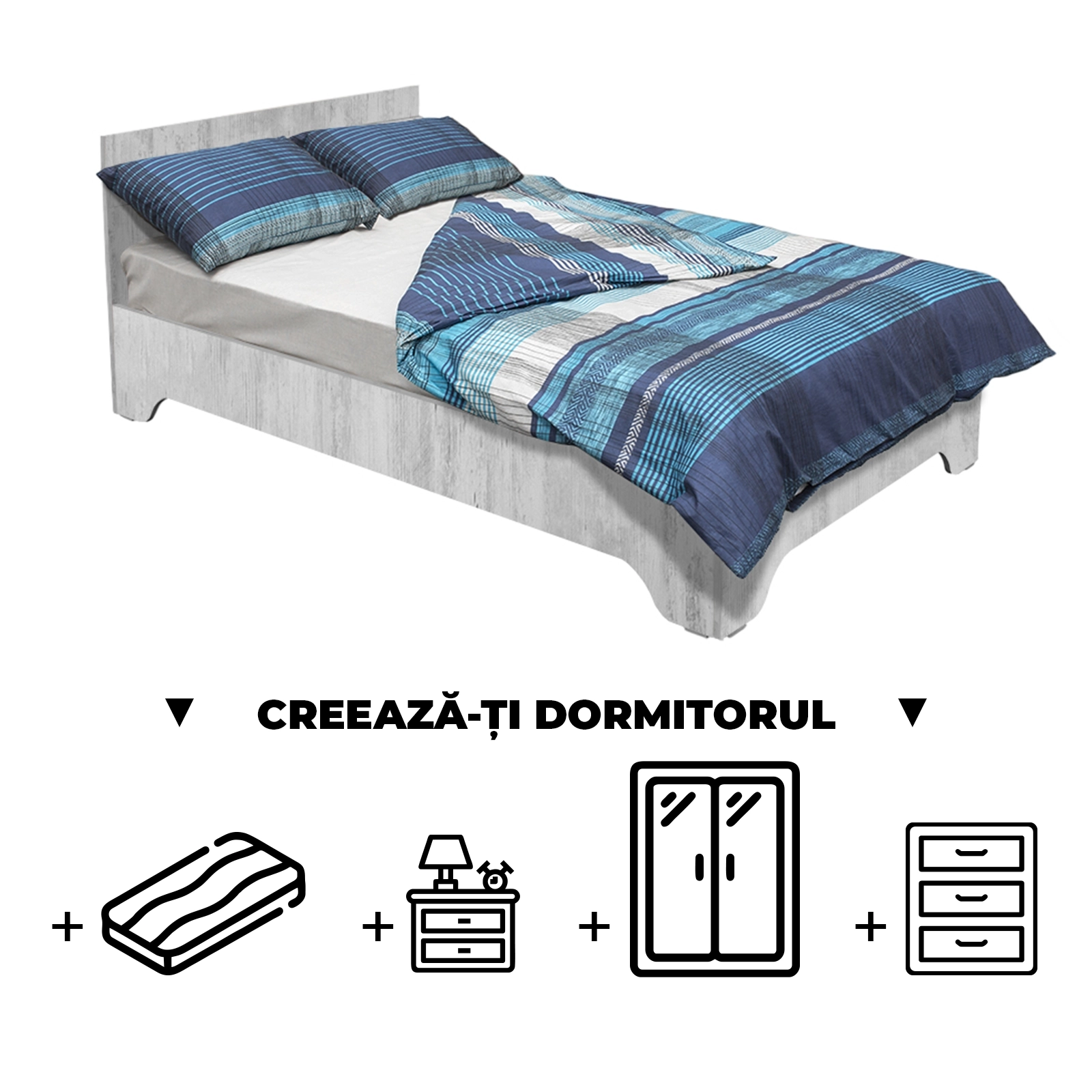 Creeaza-ti Dormitorul ALMA, pin antichizat, de la Pat cu picioare Alma 120x200 cm, adauga Saltea, Noptiere, Comoda, Dulap