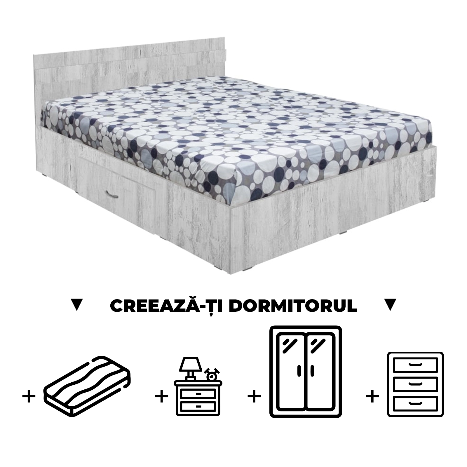 Creeaza-ti Dormitorul ALMA, pin antichizat, de la Pat cu sertar Alma 160x200 cm, adauga Saltea, Noptiere, Comoda, Dulap