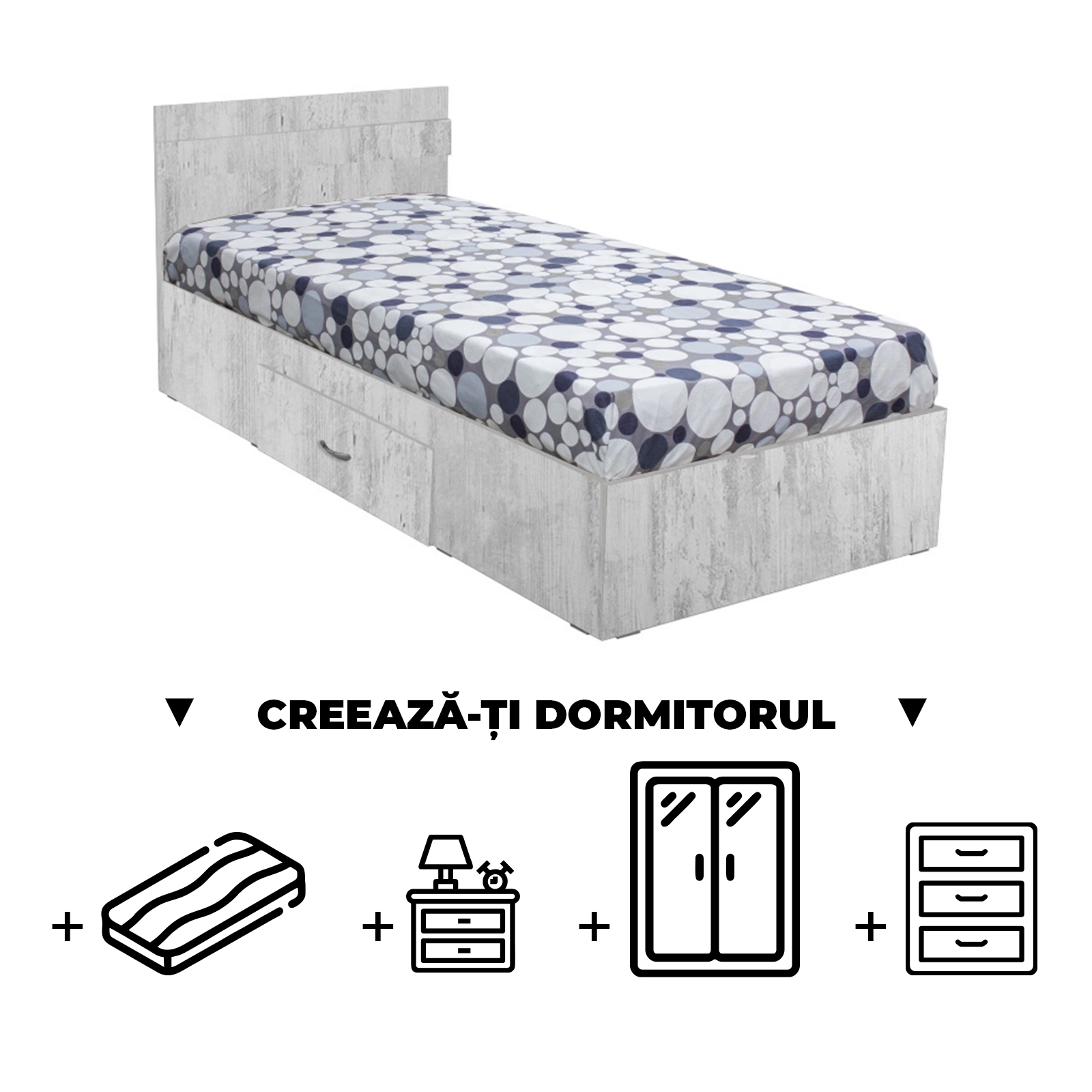 Creeaza-ti Dormitorul ALMA, pin antichizat, de la Pat cu sertar Alma 90x200 cm, adauga Saltea, Noptiere, Comoda, Dulap
